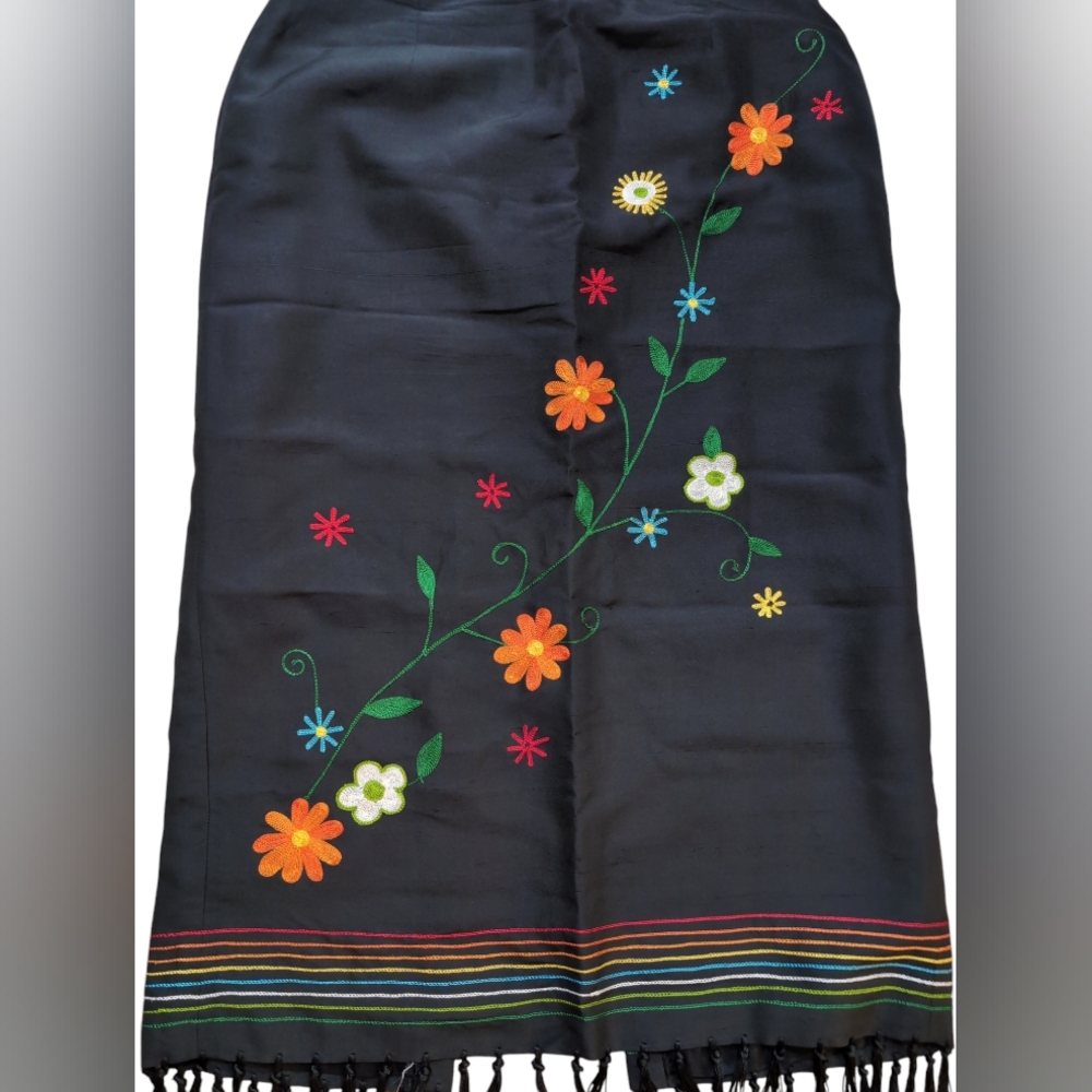 Kelly and Diana Black silk skirt retro vibrant embroidered flowers fringe sz 10 - Picture 2 of 10